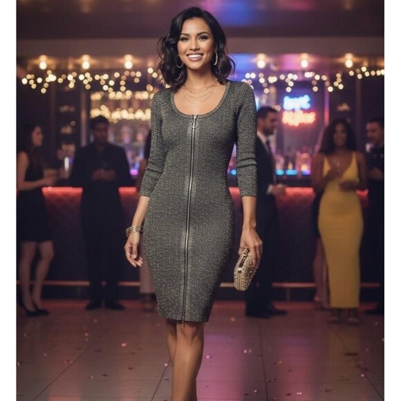 Say What Dress Womens Large Black Silver Zip Front Metallic Bodycon Party Knit - Picture 14 of 14